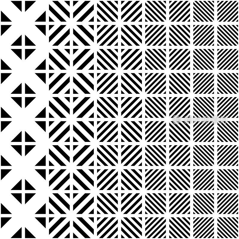 黑色三角形/条纹方格图案，水平线条宽度梯度